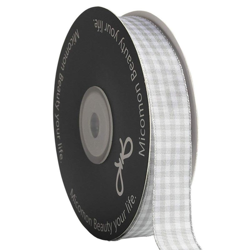 Micomon Gingham Ribbon - Gray and White, 25 Yards Each Roll, 100% Polyester (5/8"") - Image 1
